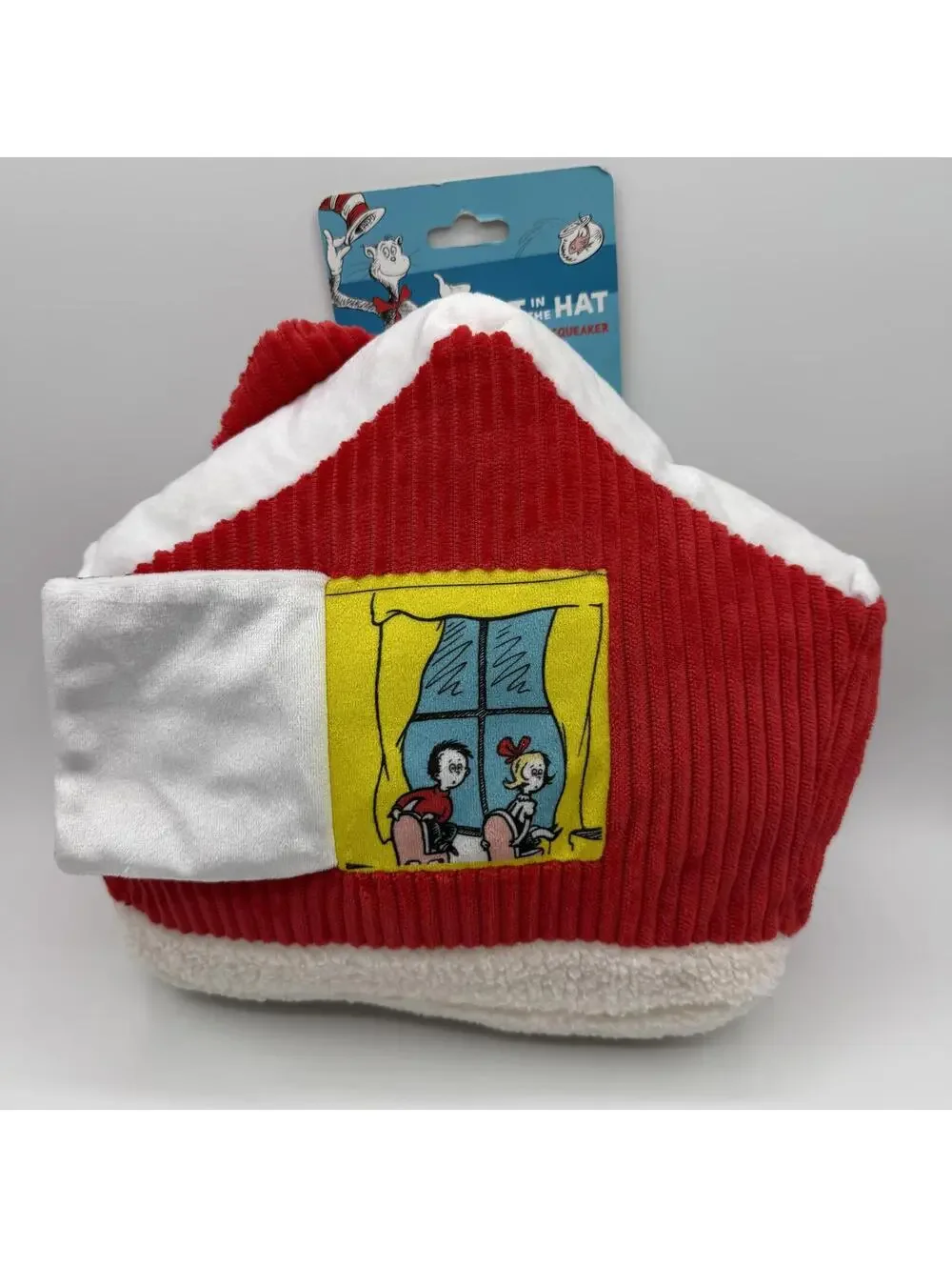 Dr Seuss Cat in the Hat Plush Dog Toy with Squeaker House Red Corduroy Exterior